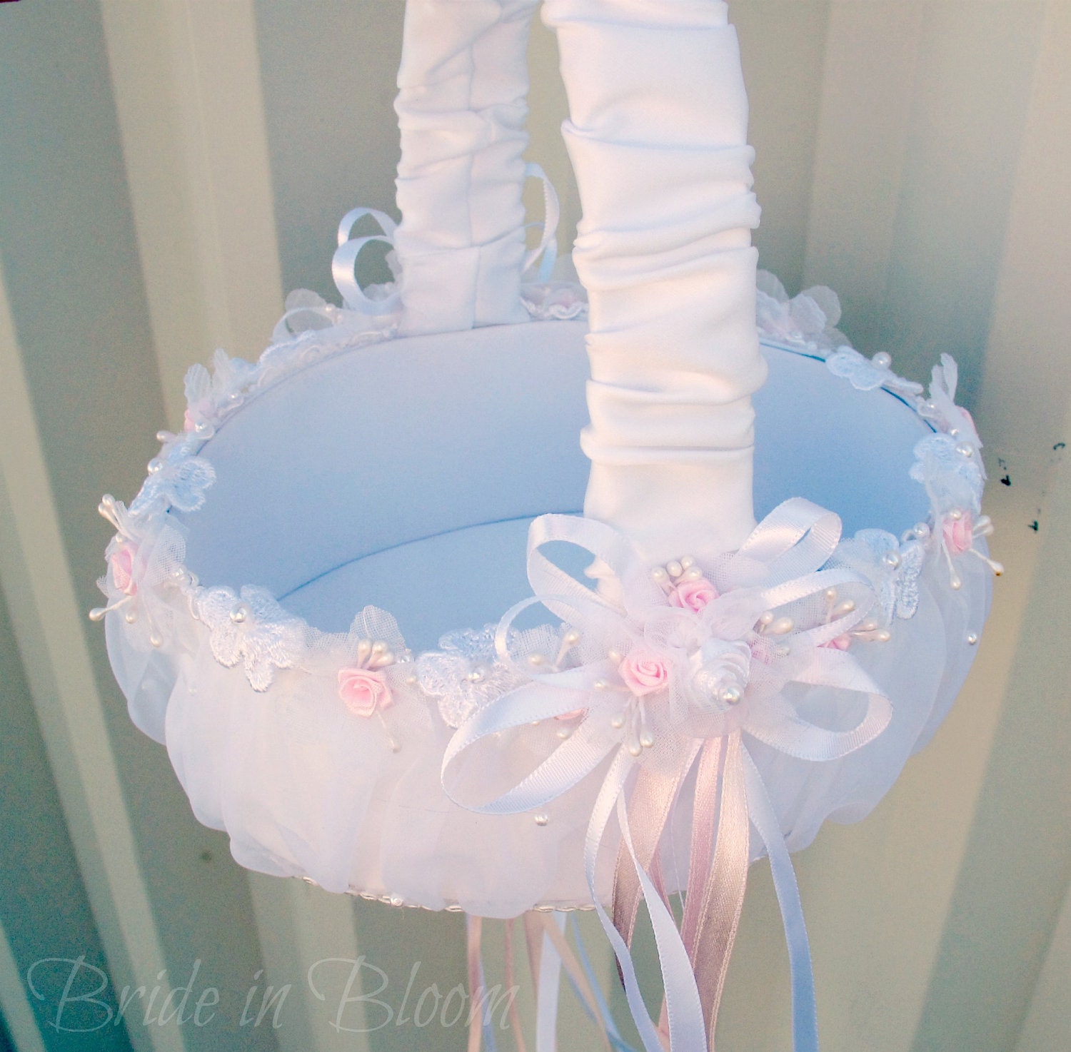 Flower girl basket Wedding basket white satin basket pink ribbon roses Wedding accessories