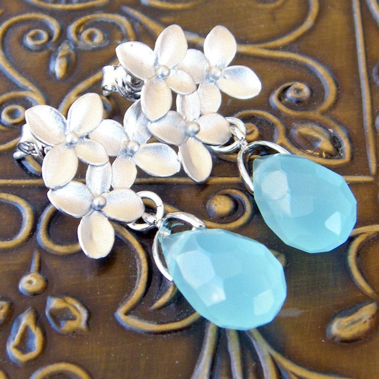 Silver Cherry Blossom Earrings with Turquoise Chalcedony