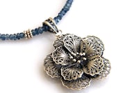 Blue Sapphire Rondelle and Thai Silver Flower Necklace