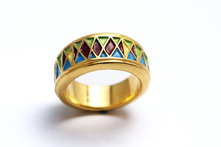 Egyptian jewelry, handmade ring, enamel, gold plated silve