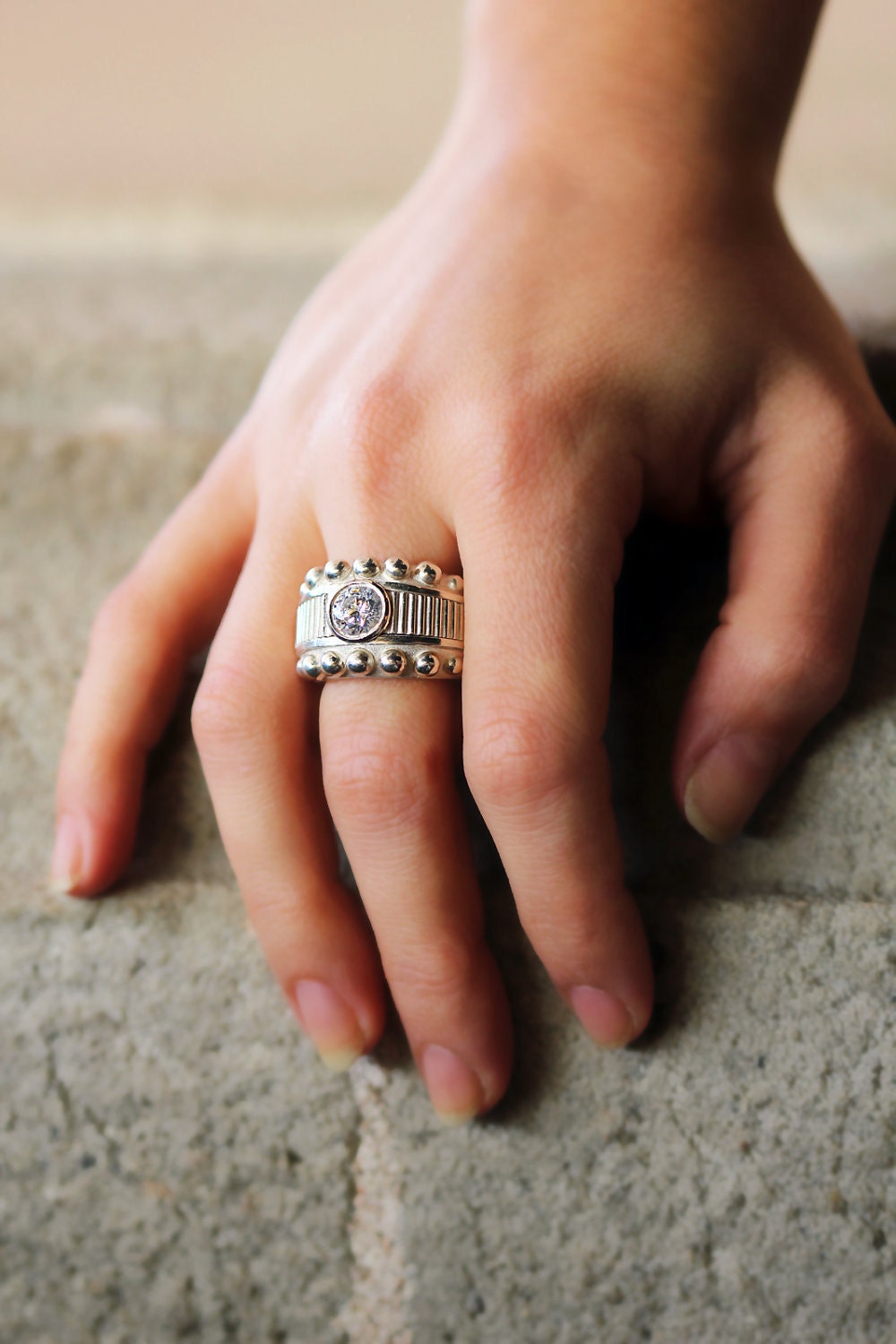 Cocktail jewelry ring,unique modern jewelry, silver&green cubic zirconia stone