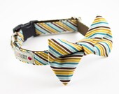 Teal Mustard Preppy Stripes Bow Tie Dog Collar