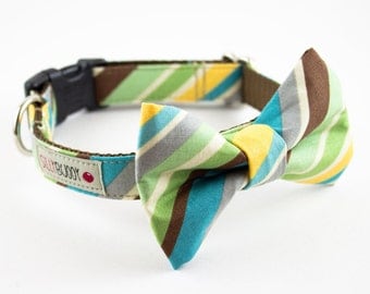 Retro Preppy Stripes Bow Tie Dog Collar