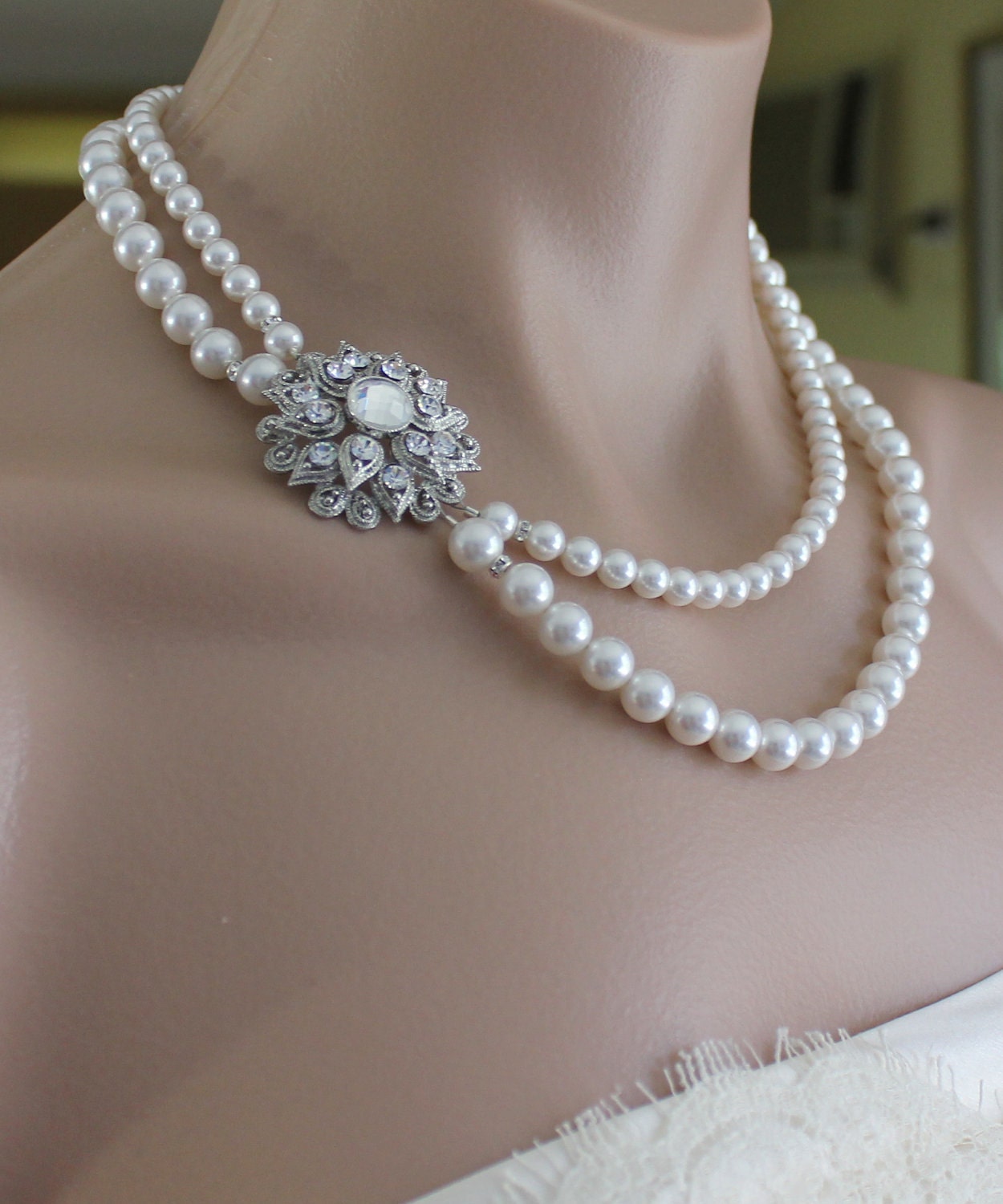Pearl Bridal Necklace, Vintage Crystal Wedding Necklace,  Wedding Jewelry ANAIS 2