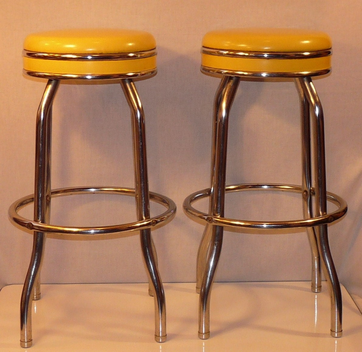 Pair of Vintage Canary Yellow Cosco Chrome and Vinyl Soda Fountain Bar Stools
