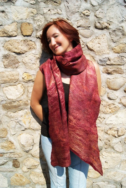 Red Wine Rustic Burgundy Merlot Wool Silk Shawl Scarf