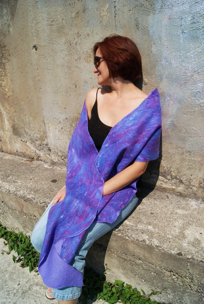 Felted Violet Purple Wool Shawl and Brooch (set)