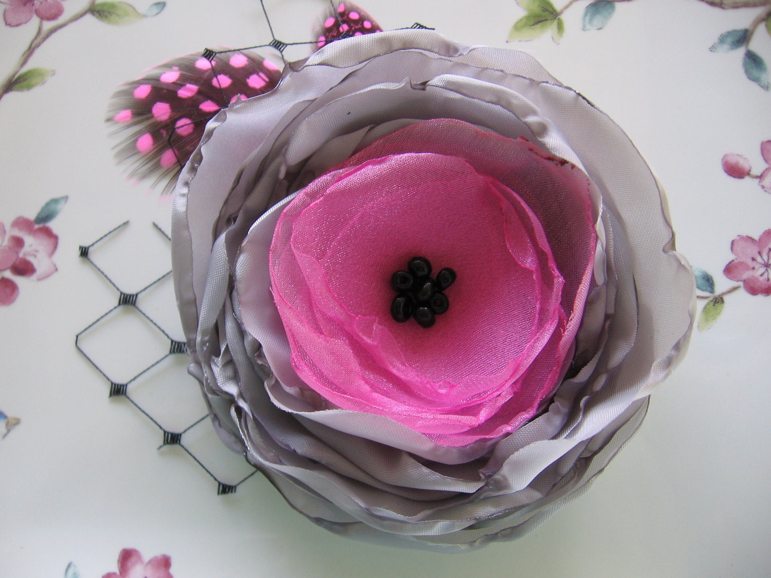 fabric flower hair clip or brooch pin in pink and gray feather veiling