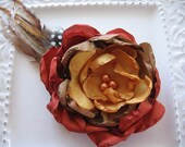 Fall fabric flower and feather hair clip or brooch pin