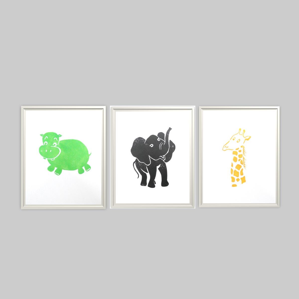 Safari Kids Nursery Posters - 3 Block Prints 8 x 10 Set D