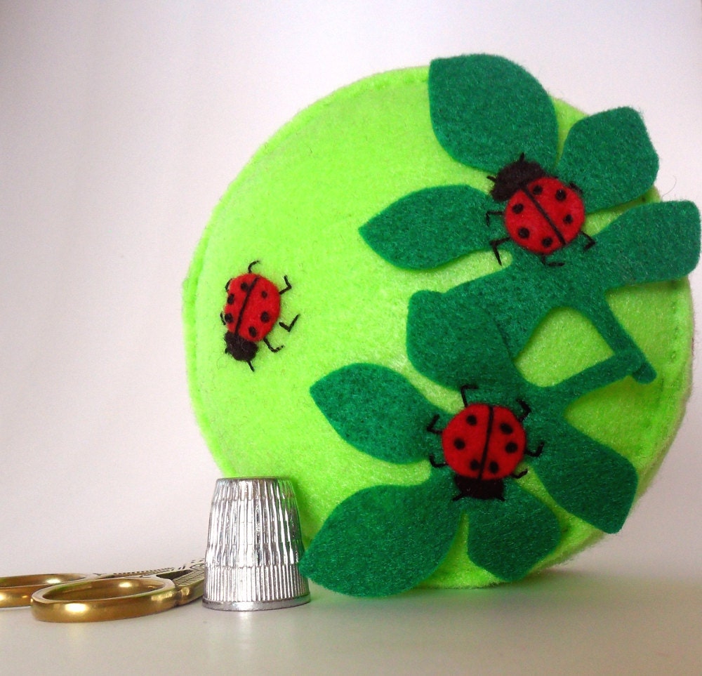 Pincushion Red Ladybugs on green leaves felt pin cushion recycled felt Made to order