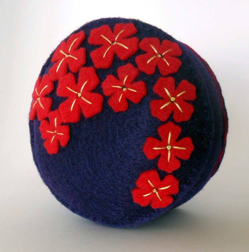 Pin cushion Brilliant red flowers on deep purple recycled felt handsewn embroidered pincushion