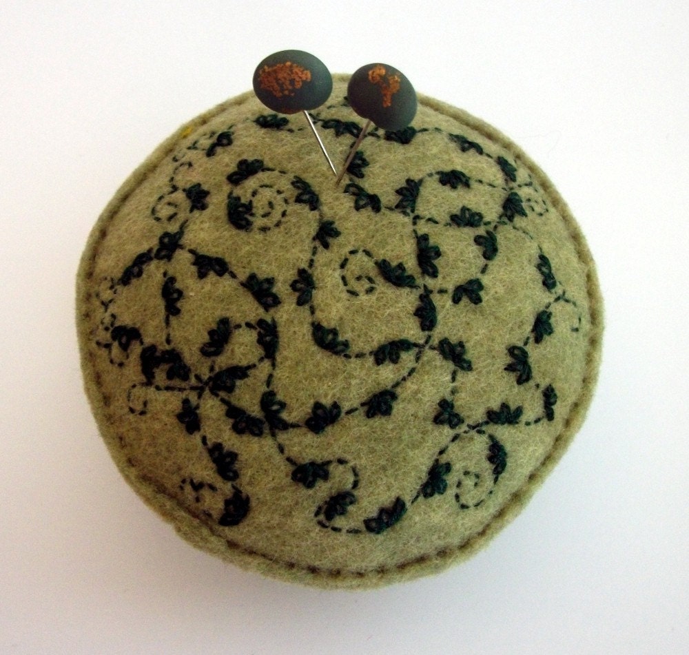 SALE - Pincushion Green Ivy vine curls on light moss green recycled felt handsewn embroidered