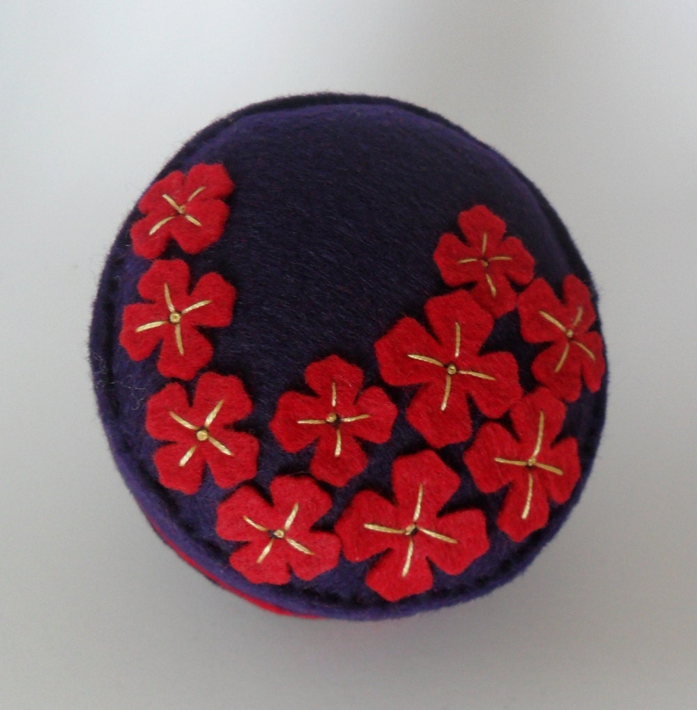 Pin cushion Brilliant red flowers on deep purple recycled felt handsewn embroidered pincushion