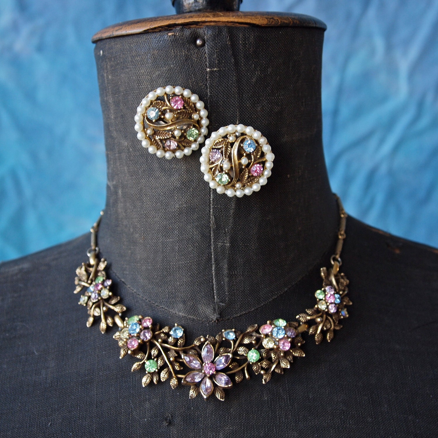 RESERVED FOR ANGELA-1950's Mad Men Coro Navarre Necklace Set Demi Parure Pastel Rhinestones on Gold