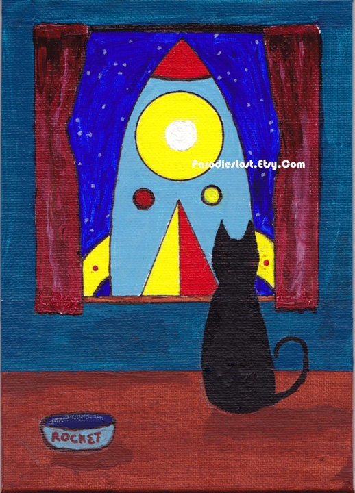 Cats & Rockets Acrylic Painting on Canvas Science Fiction Geek Art