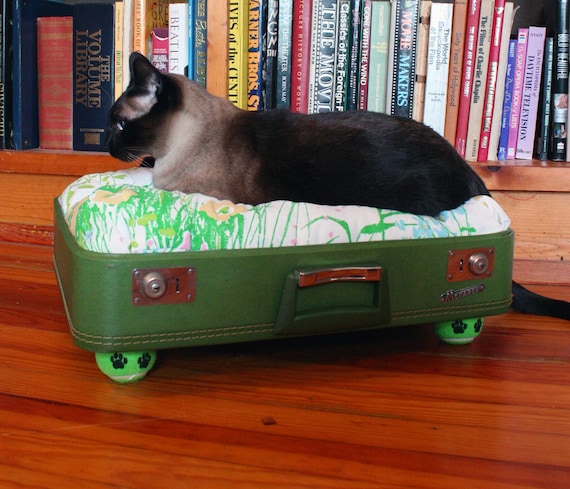 SnuggyLuggage Suitcase Pet Bed Vintage Upcycled Cat Dog Olive Green Paw Print Tennis