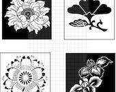 Digital Clipart  1 X 1 Asian Flower Motifs Black and White Collage Sheet Embellishments Illustrations CS 48