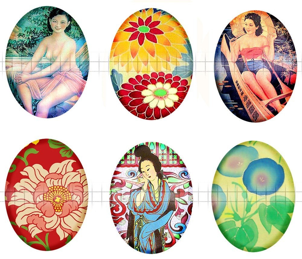 Digital Collage Sheet Ovals Cabochons Image Transfer Etc  Various Asian Women and Flowers CS 91