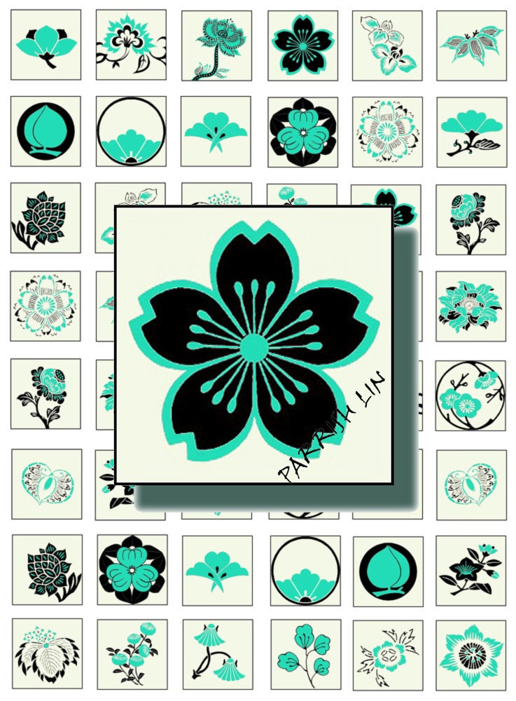Digital Collage Sheet 1 Inch Squares Embellishments Modern Simple Tiffany Blue and Black Floral  CS 61