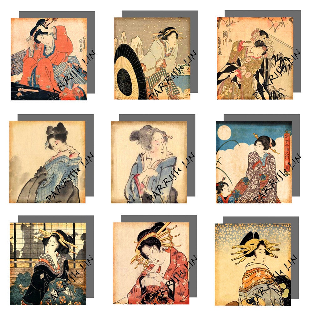 Digital Collage for Scrabble Tiles -- Geisha -- Asian Art -- .75" x .81" Size -- Japanese -- Antique/Vintage Images CS 43