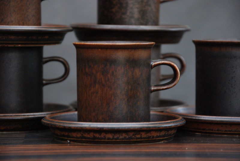Vintage Arabia Finland Ruska Small Tall Cups and Saucers Designed by Ulla Procopé Set of 6