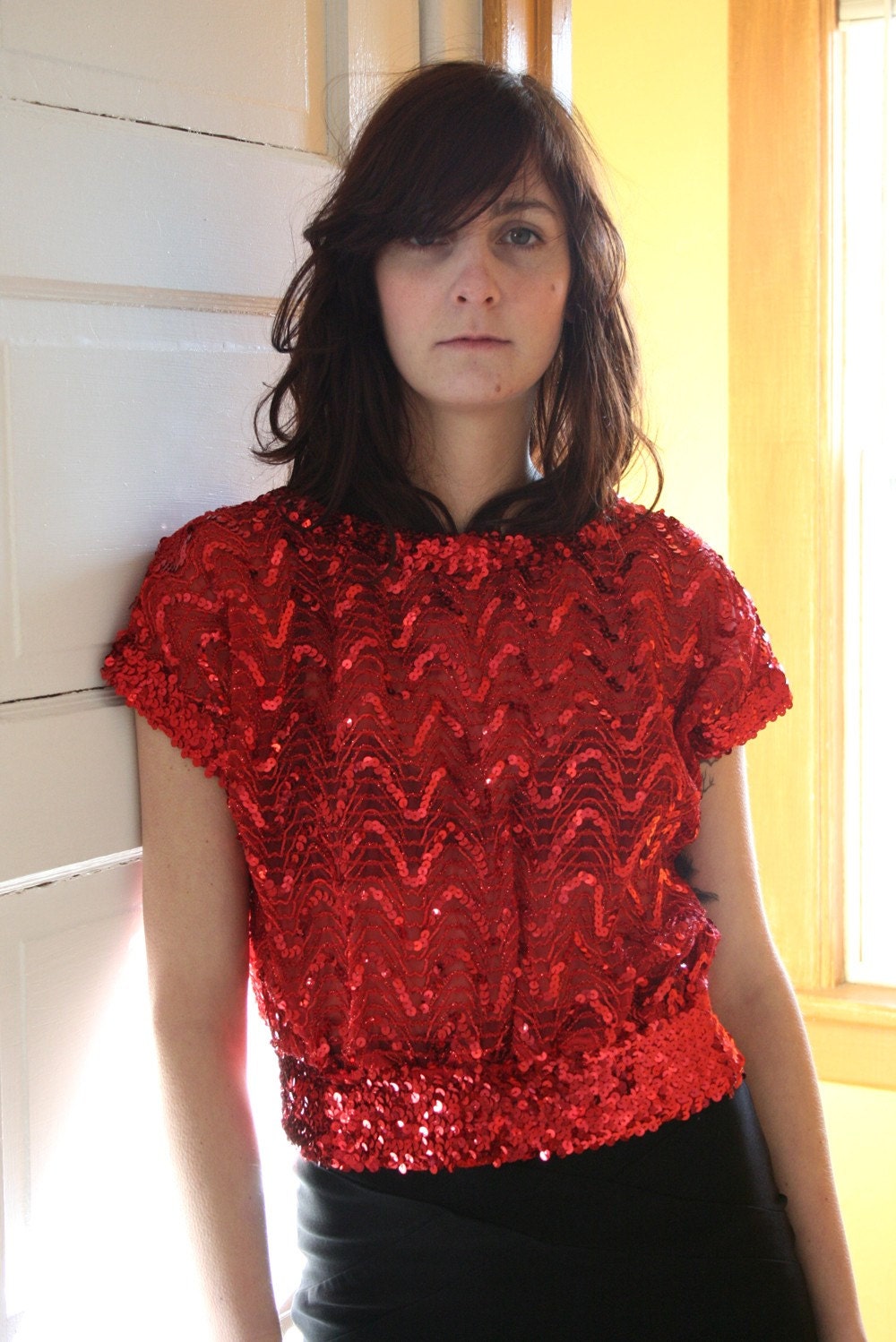 S A L E - - Red Sequins Short-Sleeve Shirt