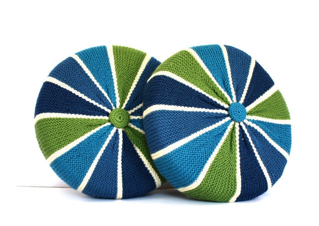 Vintage RETRO Blue and Green Peppermint Knit Pillows