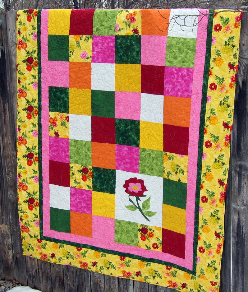 Twin Coverlet/Oversize Lap Bright Yellow and Pink Quilt