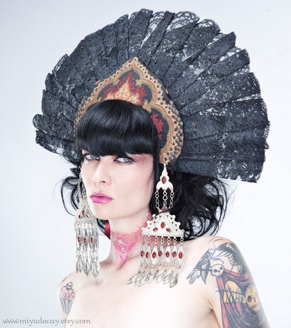 Miyu Decay OOAK Black Lace Fan Kokoshnik Headdress