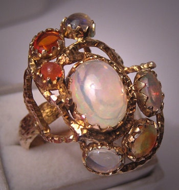 Estate Opal Ring Vintage Retro Cocktail Gold Designer Jewelry