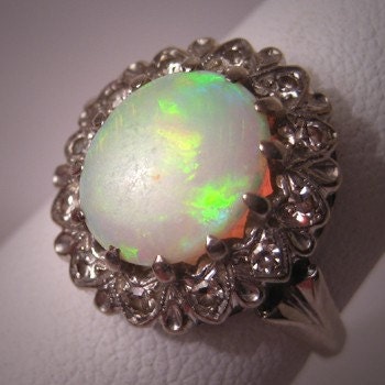 Antique Vintage Opal Diamond Ring Art Deco White Gold Wedding