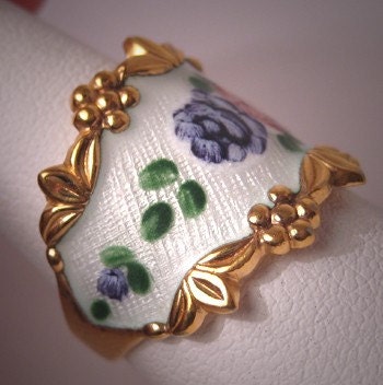 Antique Vintage Guilloche Enamel Ring Victorian - Deco Style