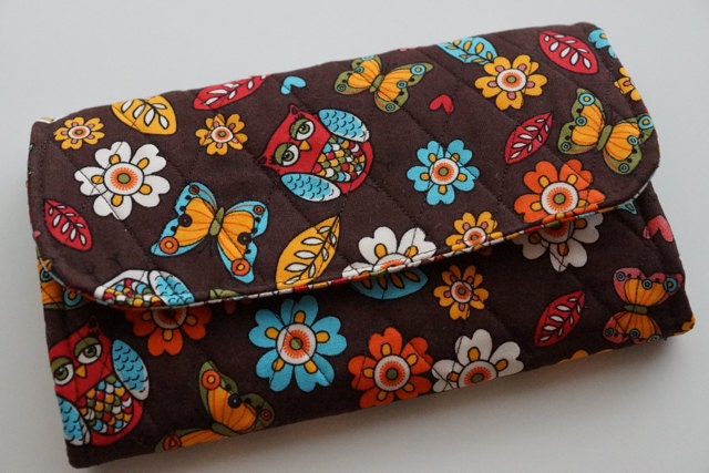 Quilted Ladies Trifold Wallet with Owl, Flower, and Butterfly Print, Zippered Pockets, and Lots of Storage