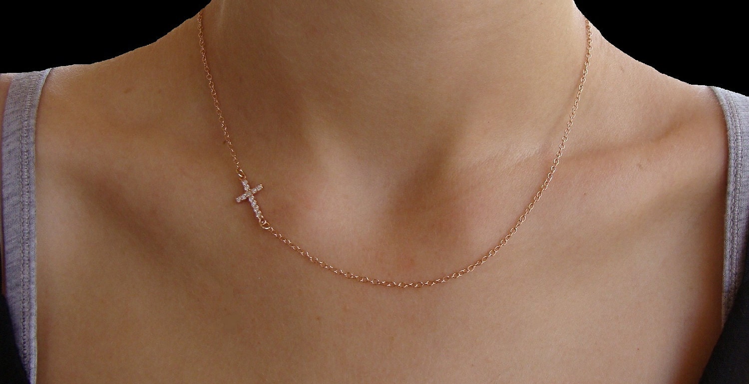 Sideways Cross Cz Necklace - Rosegold Cz Horizontal Cross - Kelly Ripa, Faith Jewelry, Gift, Bridesmaid Gifts