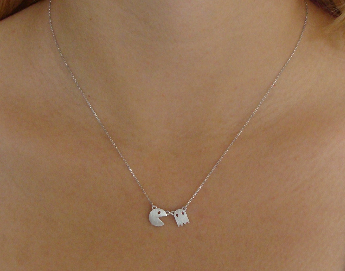 New - Pac Man Necklace - Fun, Cute Charm Necklace, 80's Love Pac Man, Sterling Silver Necklace, Ghost Jewelry