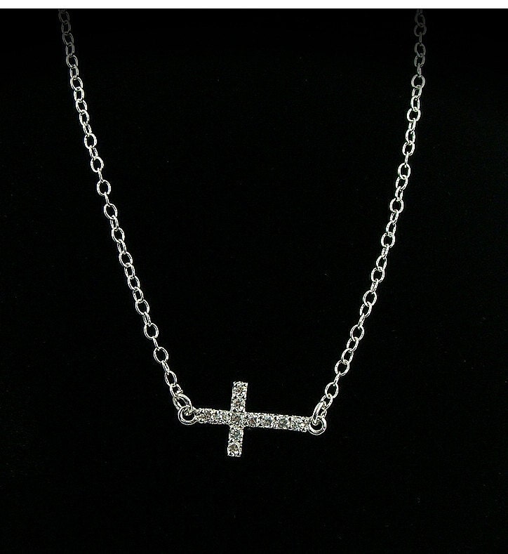 Sideways Cross Cz Necklace - Sterling Silver Cz Horizontal Cross - Kelly Ripa, Faith Jewelry, Gift, Bridesmaid Gifts