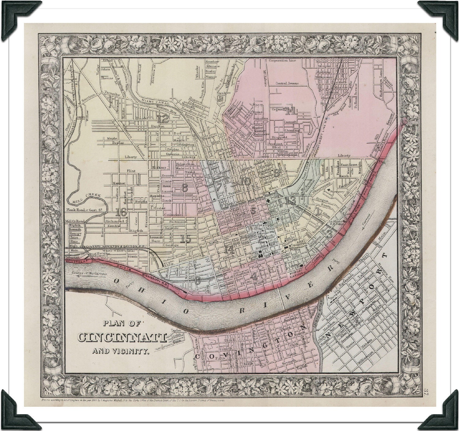 vintage map CINCINNATI atlas antique map 1864 print OHIO - vintage map of Cincinnati print