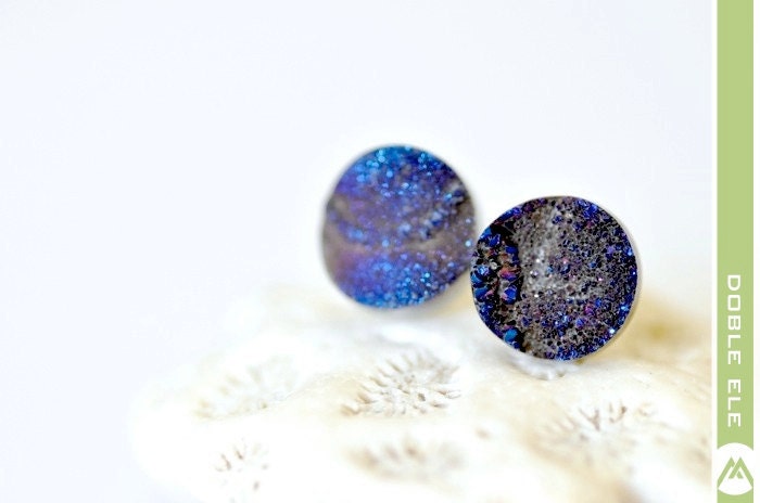 OOAK Purple Blue Titanium Druzy Ear Posts -07-