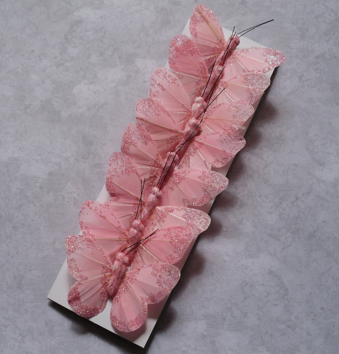 LAST ONE - 8 Pink Feather Butterfly Embellishments - Artificial Butterflies, Cake Toppers, Favors