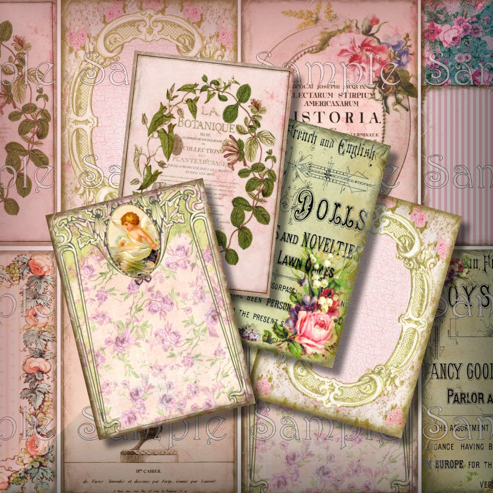Pink Me ATC Digital Collage Sheet ACEO Backgrounds 2.5 x 3.5 Vintage Digital Collage Victorian Frames Ads Book PlatesTags 233