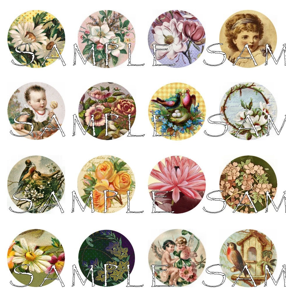 Secret Garden 48 One Inch Circles Digital Collage Sheet Victorian Flowers Children Birds 038