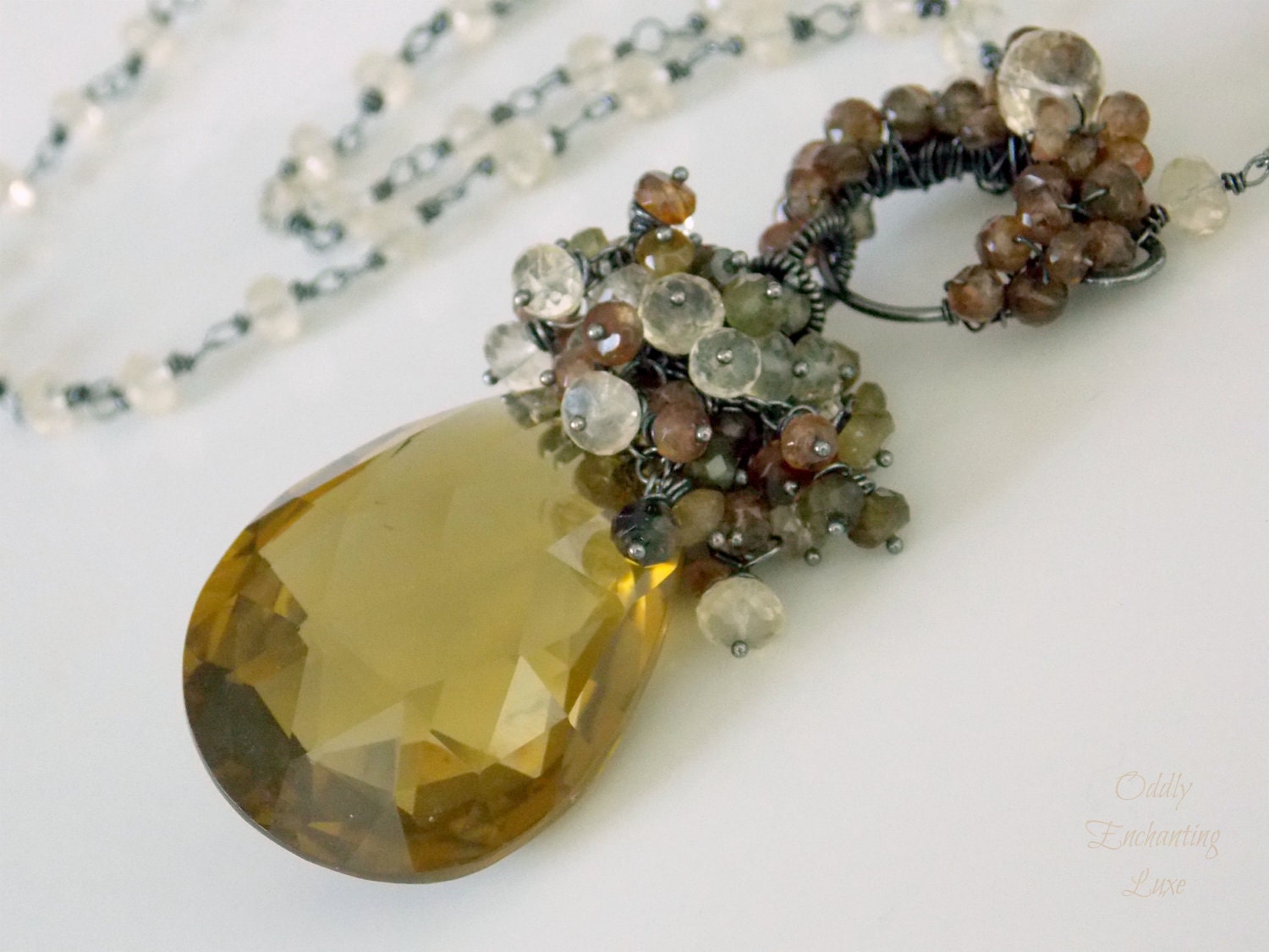 Beer Quartz, Vesuvianite, Scapolite, Andalusite, Swarovski Crystal, Oxidized Sterling Silver Necklace