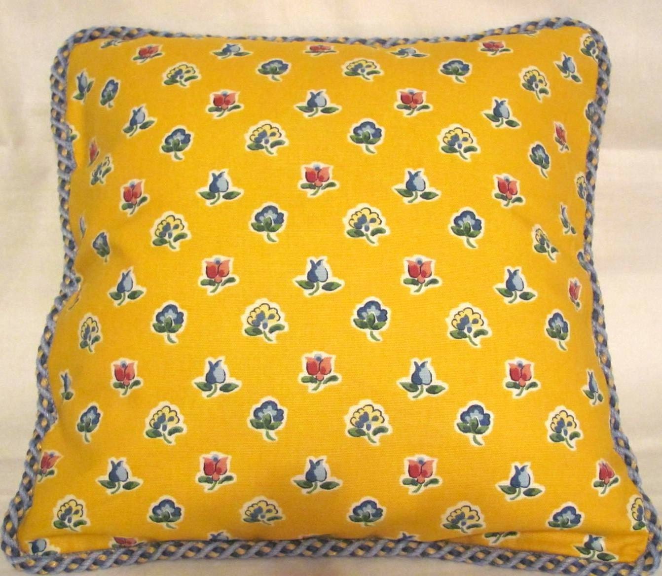 French Country Romantic Cottage Pillow Yellow Blue Rose Toile Provence Provencal Cushion Decorator