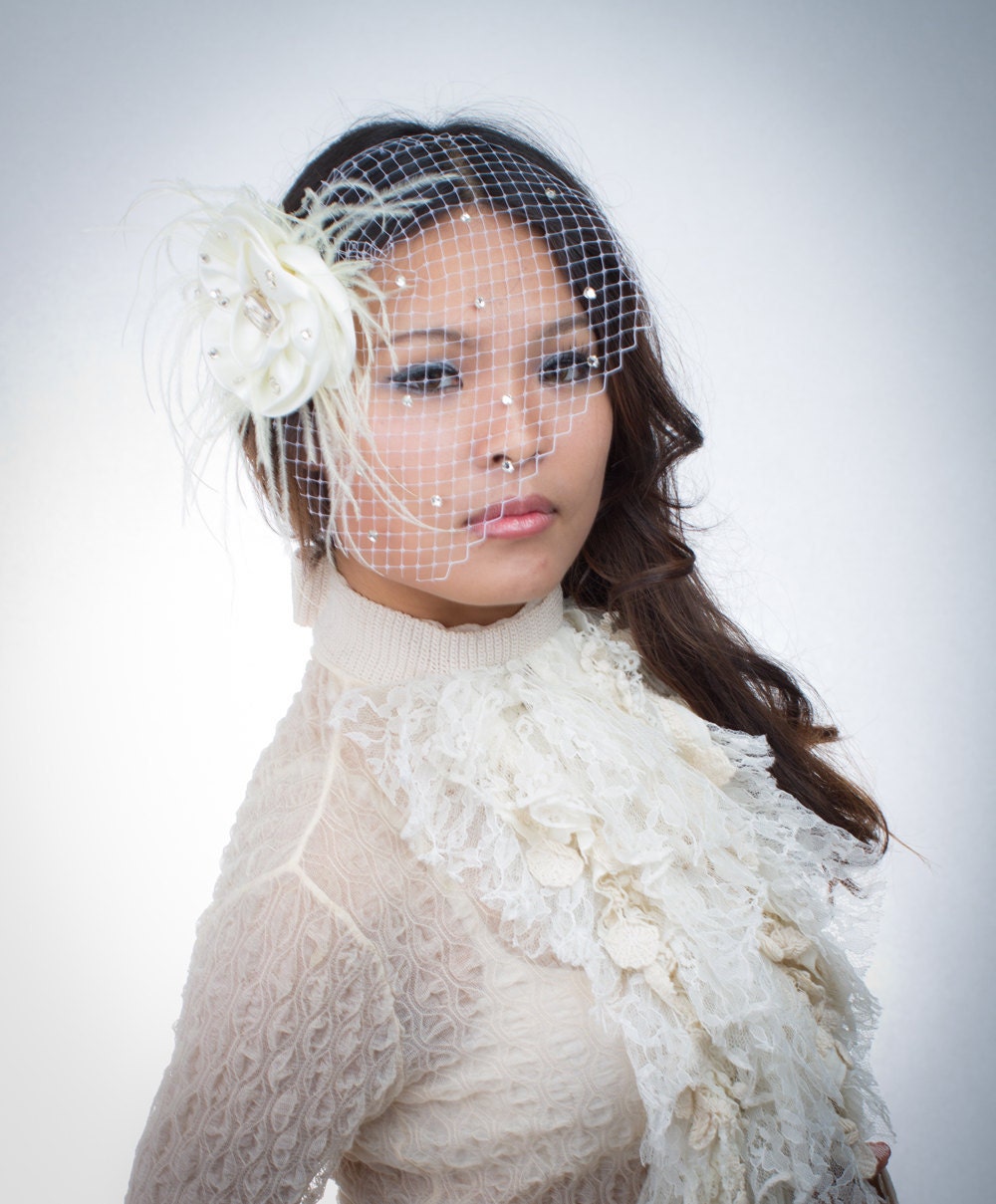 Glamorous Wedding Swarowski crystal rhinestones ivory birdcage veil with a silk flower fascinator