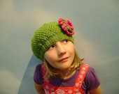 Girls Beanie Flower Hat in Green & Strawberry Pink - Size Medium Age 5 - 10 Years