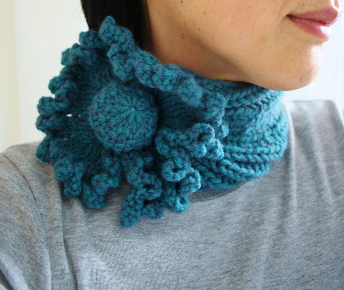 Ladies Flower Neck Warmer in Deep Teal Green