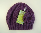 Ladies Hat in Heather Purple With Detachable Flower Brooch Hand Knitted