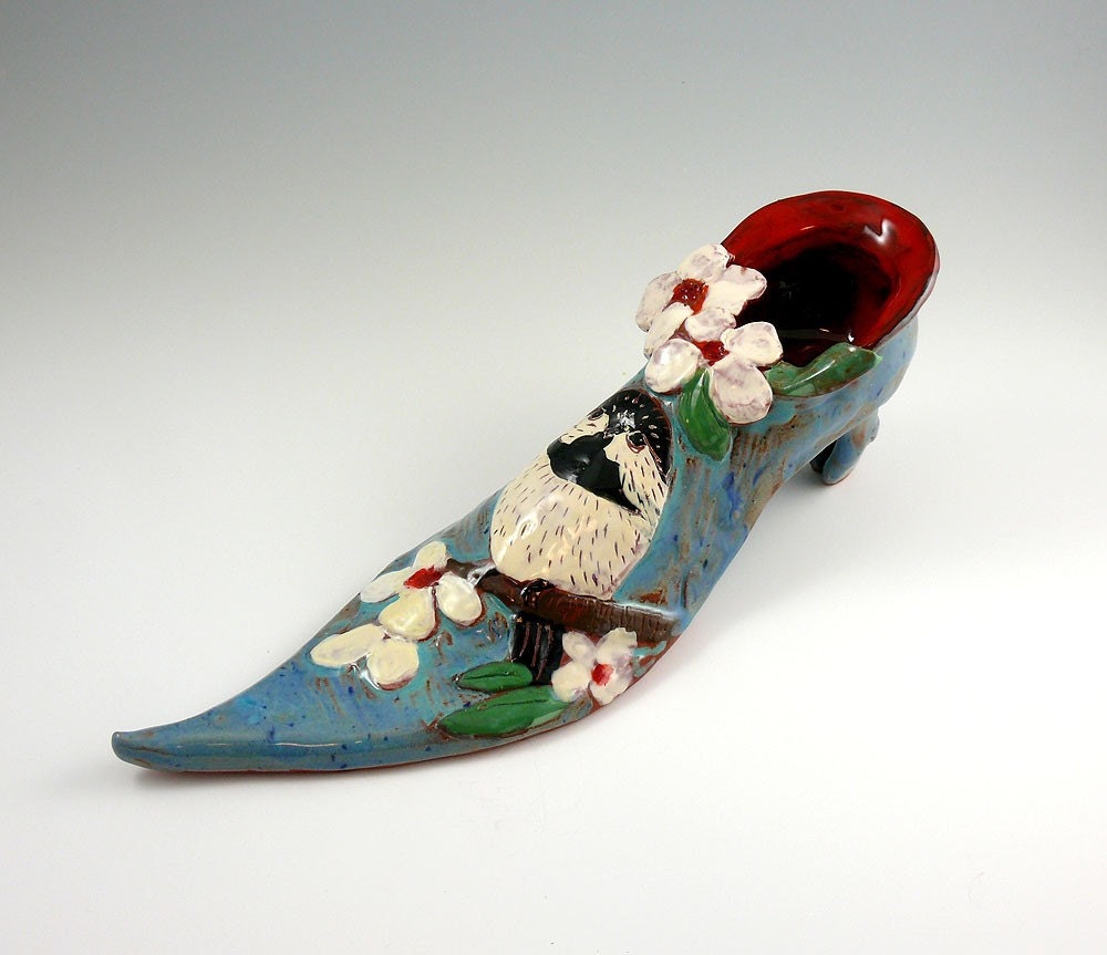 Chickadee and Dogwood Ceramic Slipper Sculpture by Cathy Kiffney
