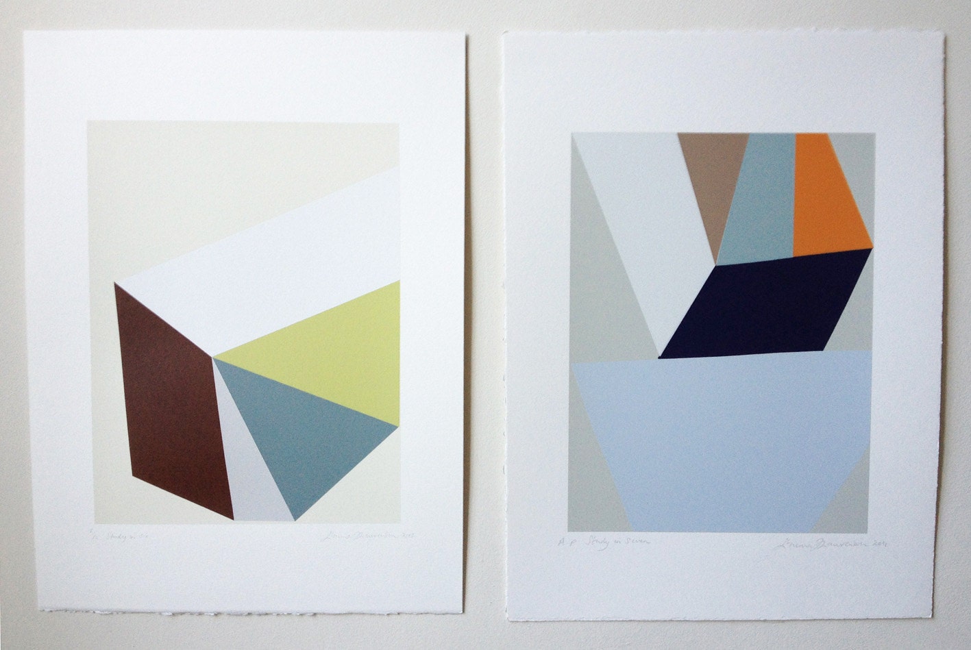 Geometric original seven colour handmade screenprint in lovely blues, greys, neutrals and orange.